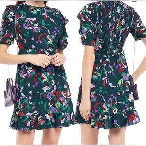 Kate Spade New York Fleur Nouveau Green Floral Mini Dress.Smocking/Ruffles. Sz 6